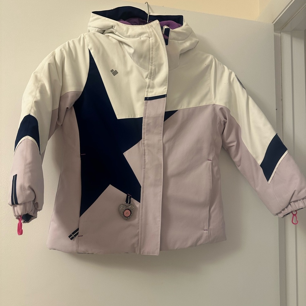 Obermeyer Ski Kids White and Pink Puffer Jacket with Modern Design